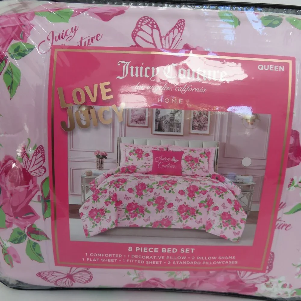 Juicy couture Pink n green Floral queen 8-piece comforter Bedding sets